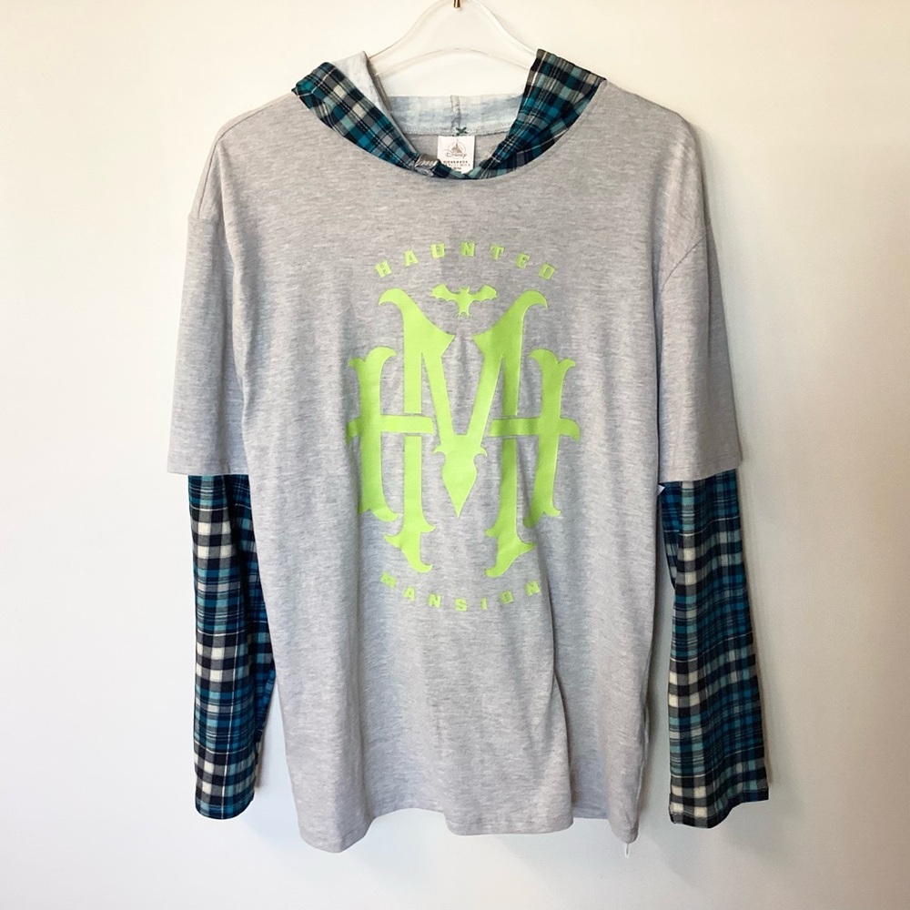 NWT Disney Haunted Mansion Plaid Hooded 2-in-1 Long Sleeve Shirt - Gray - M